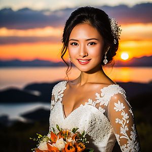 Bride in Lace Gown at Sunset with Bouquet