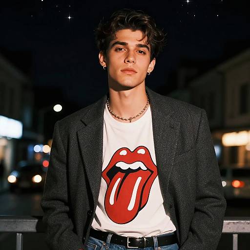 Young Man Wearing Rolling Stones Logo T-Shirt and Blazer at Night