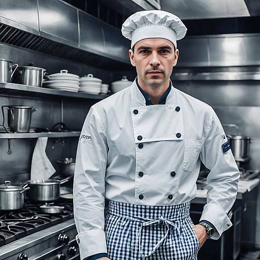 Professional Male Chef in Modern Commercial Kitchen Wearing Traditional Uniform