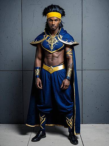 Angra Mainyu Fate Cosplay Costume in Blue and Gold Fantasy Warrior Outfit