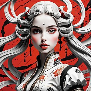 Stylized Woman with Silver Hair in Red and Black Abstract Art
