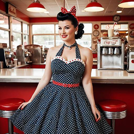 Retro 1950s Woman in Polka Dot Dress Posing in Vintage Diner
