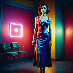 Elegant Woman in Purple Satin Dress with Thigh-High Slit