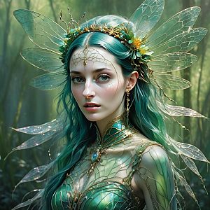 Fantasy Portrait of a Woman with Teal Hair and Wings