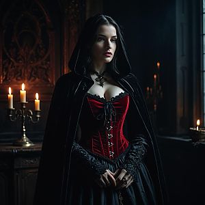 Gothic Victorian Woman in Red Corset and Black Cloak in Candlelit Room