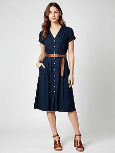 Woman in Smart Casual Navy Blue Shirt Dress with Mid-Calf Length