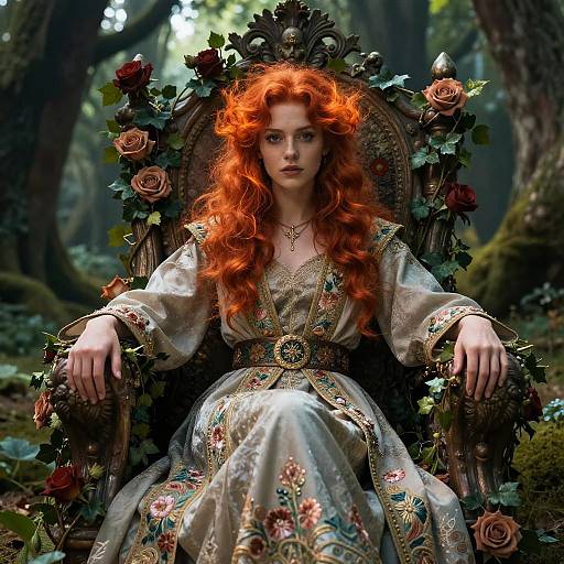 Regal Red-Haired Woman in Embroidered Medieval Gown on Floral Throne