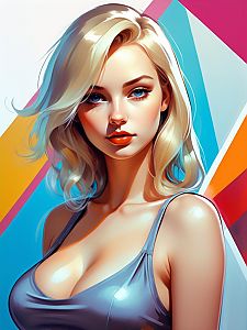 Digital Portrait of Blonde Woman with Blue Eyes and Geometric Background