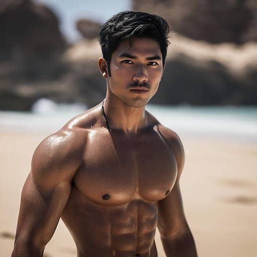 Muscular Fit Man on Beach with Rocky Background