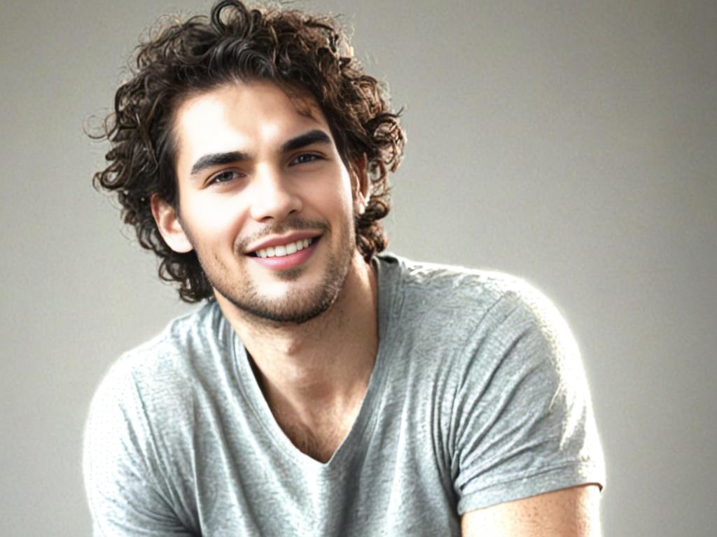 Smiling man with curly hair in a casual grey t-shirt