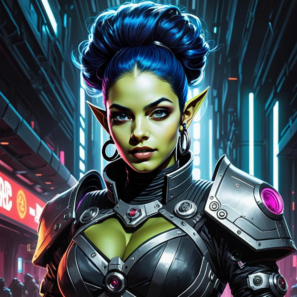 Cyberpunk Woman with Futuristic Armor and Blue Hair in Neon City