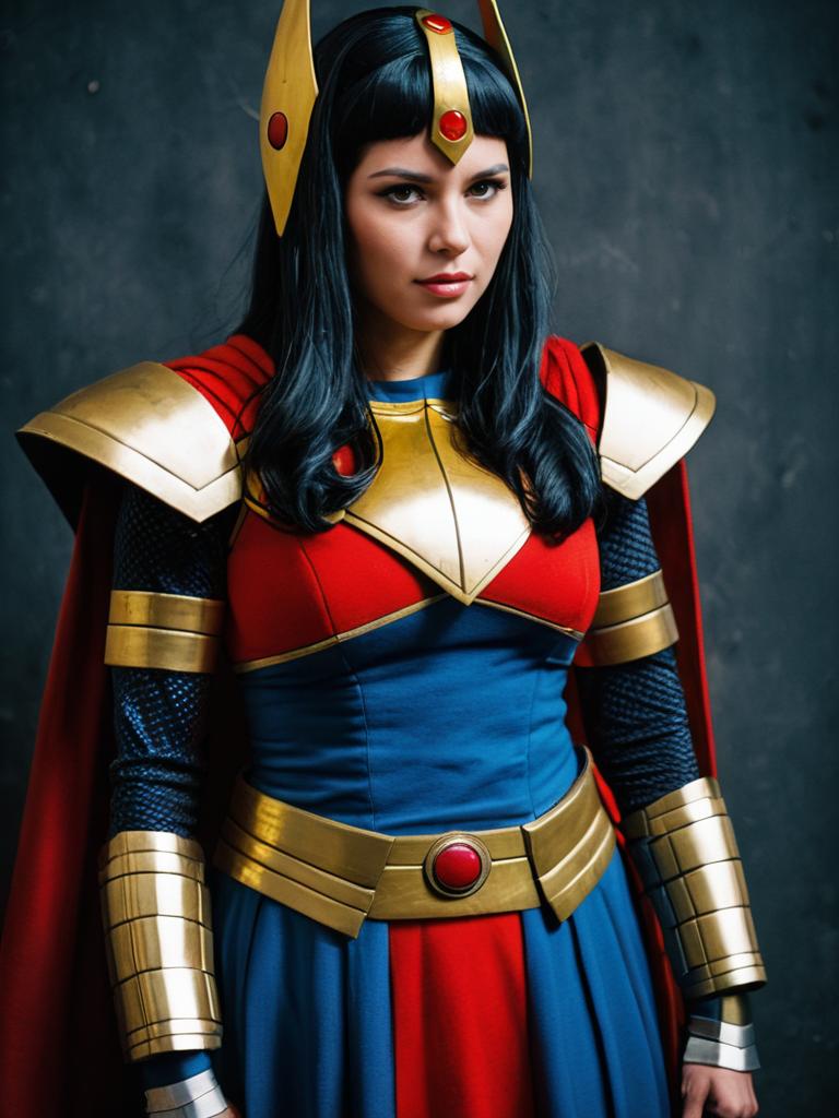 Realistic Big Barda Costume Cosplay Woman in Red Blue and Gold Armor