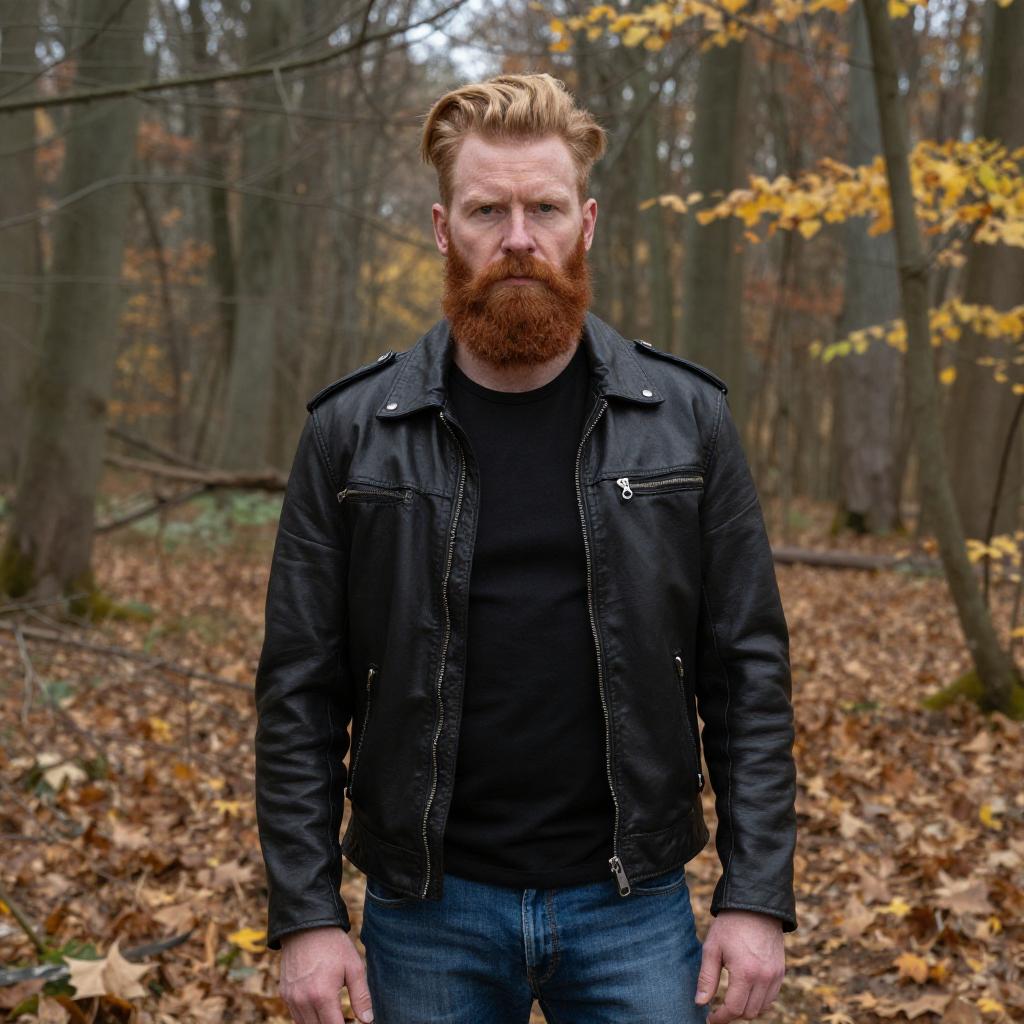 Red-Haired Man in Leather Jacket Standing in Autumn Forest