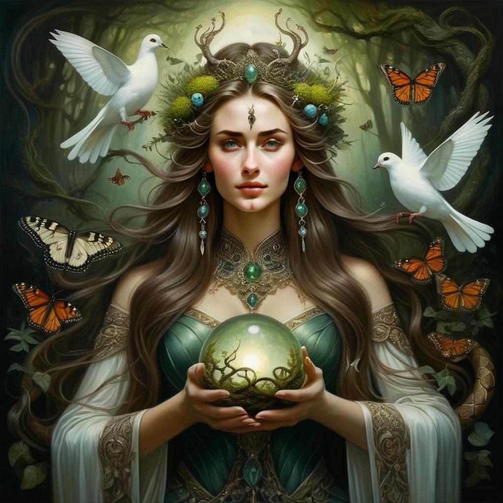 Mystical Fantasy Woman with Antler Crown Holding Magical Orb in Enchanted Forest