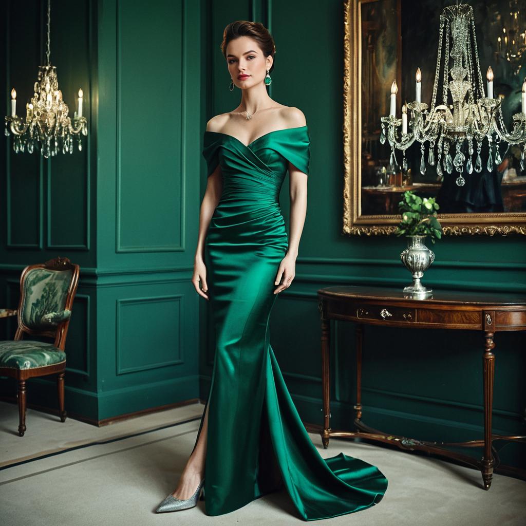 Elegant Woman in Emerald Green Satin Evening Gown in Vintage Room