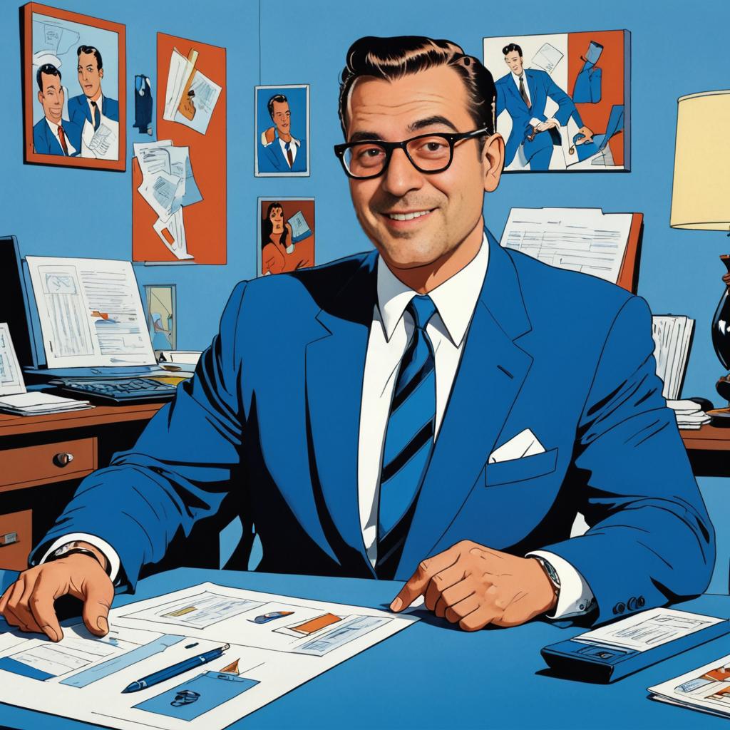 Retro Comic-Style Man in Blue Suit at Desk