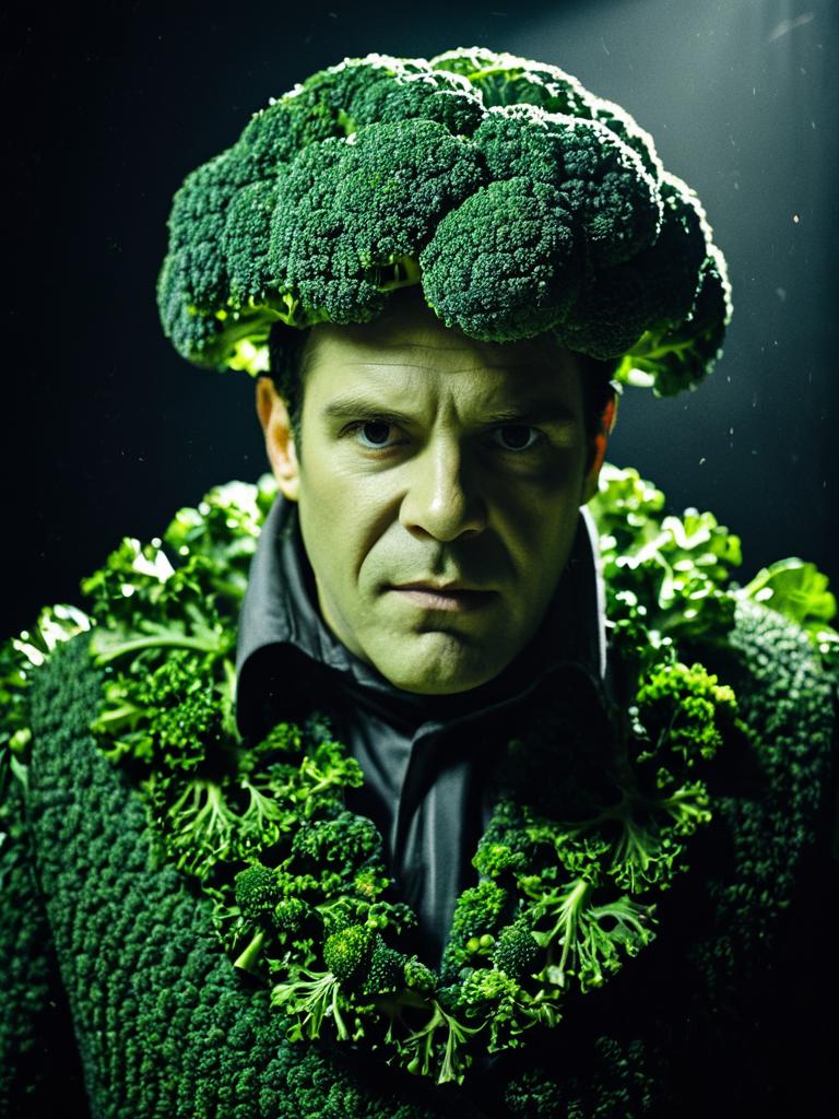 Man Wearing Broccoli Costume with Cinematic Lighting Close-Up