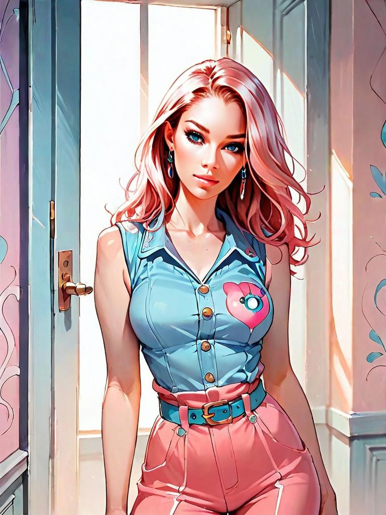 Digital Art Illustration of Woman in Pink Hair and Stylish Denim Top