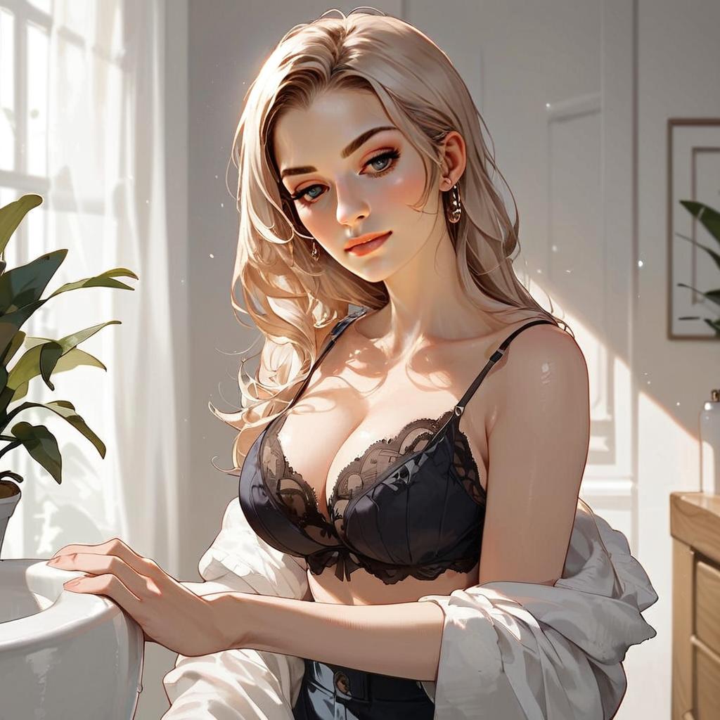 Beautiful Blonde Woman in Lace Lingerie Digital Art Illustration