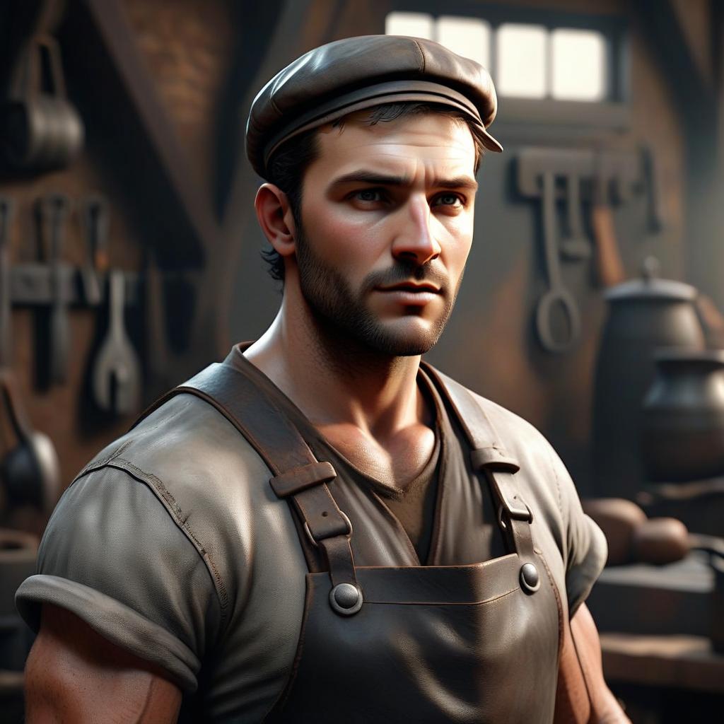 Realistic Digital Portrait of Man in Workshop with Leather Apron and Flat Cap