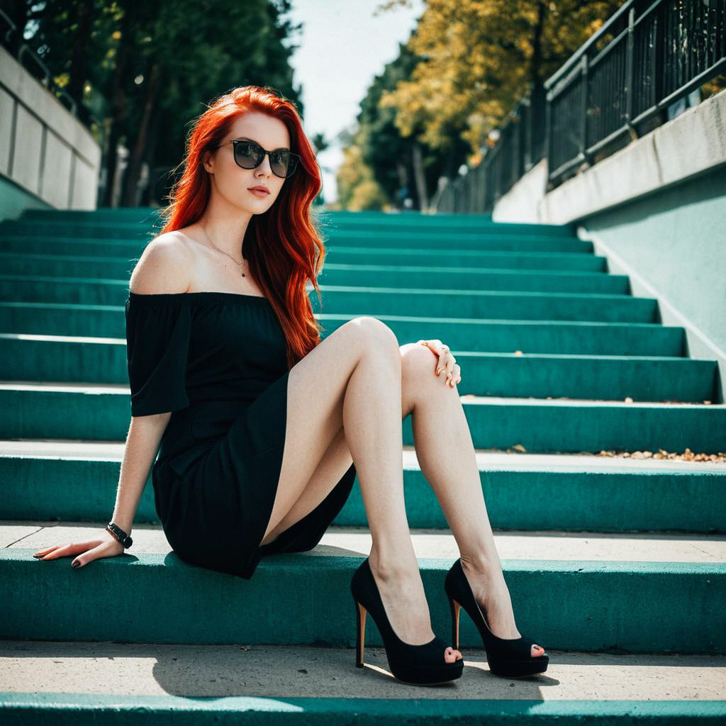 Stylish Woman in Black Dress on Turquoise Steps