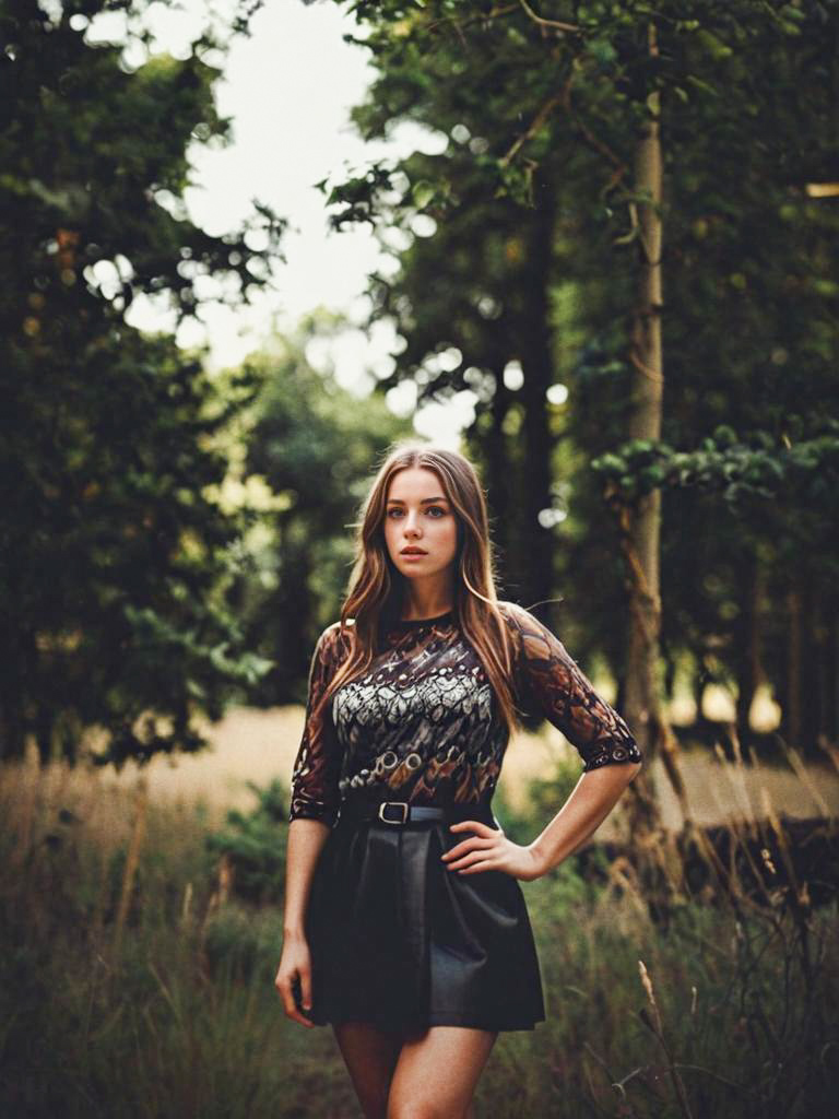 Confident Woman in Lace Top and Leather Skirt in Forest