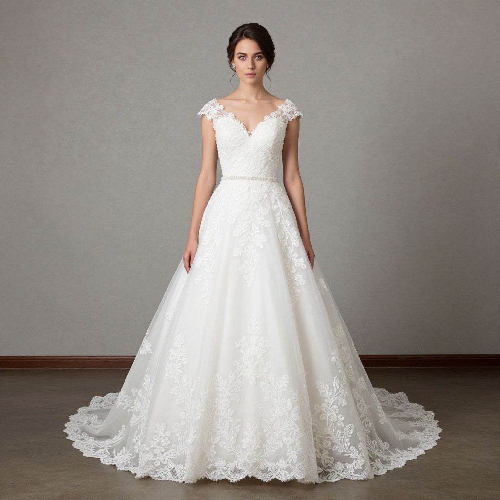 Elegant White Lace Wedding Dress with Cap Sleeves and Floral Details