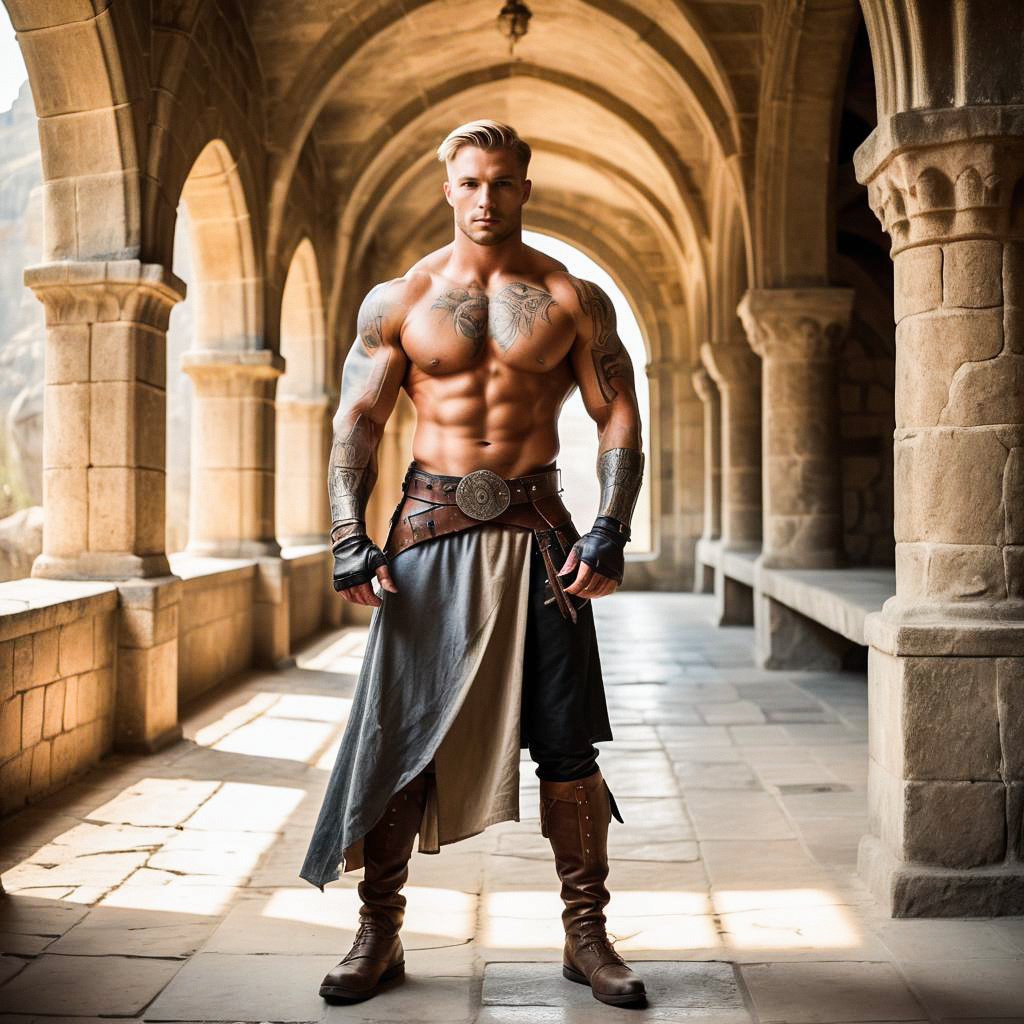 Muscular Man in Medieval Corridor