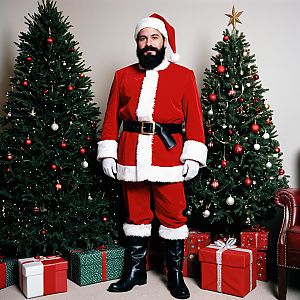 Santa Claus with Christmas Trees and Presents