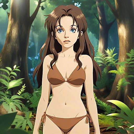 Anime Woman in Brown Bikini Standing in Forest