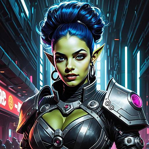 Cyberpunk Woman with Futuristic Armor and Blue Hair in Neon City