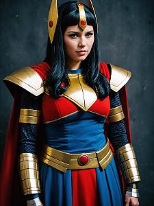 Realistic Big Barda Costume Cosplay Woman in Red Blue and Gold Armor