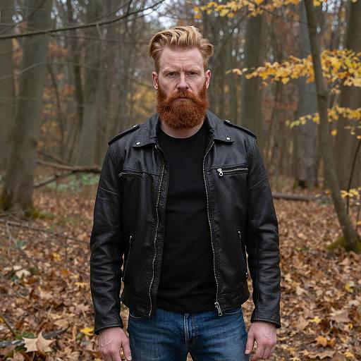 Red-Haired Man in Leather Jacket Standing in Autumn Forest