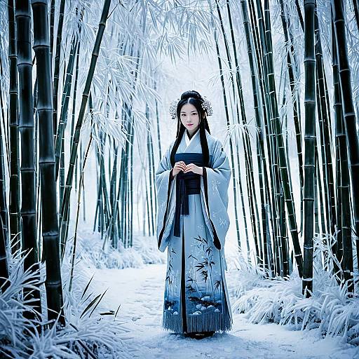 Woman in Traditional Kimono Standing in Snowy Bamboo Forest