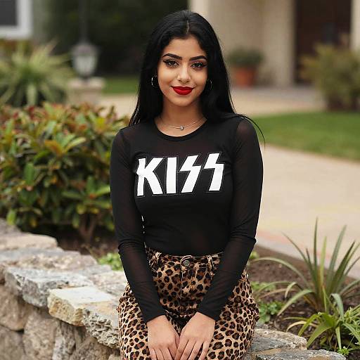Young Woman Wearing KISS Band Top with Leopard Print Pants Outdoor Fashion