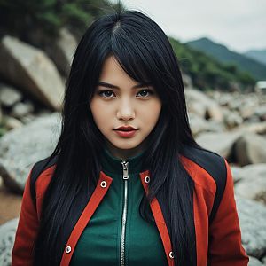Confident woman in green top and red jacket outdoors