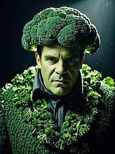 Man Wearing Broccoli Costume with Cinematic Lighting Close-Up