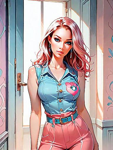Digital Art Illustration of Woman in Pink Hair and Stylish Denim Top