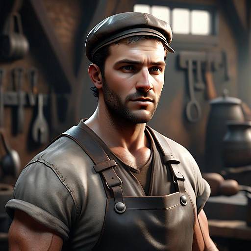Realistic Digital Portrait of Man in Workshop with Leather Apron and Flat Cap