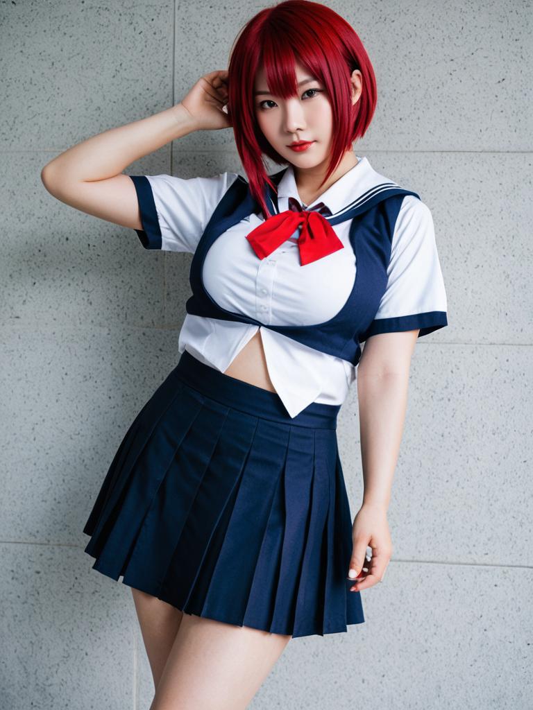 Red-Haired Woman in Japanese Schoolgirl Cosplay Outfit