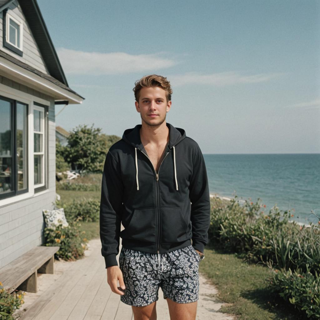 Young man in hoodie and shorts by beach house