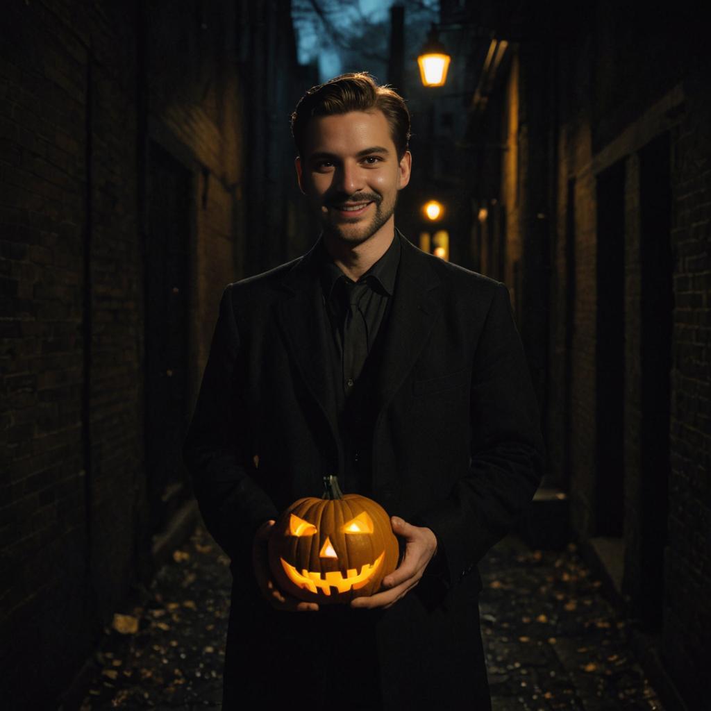 Man with Glowing Jack O'Lantern in Moody Alley