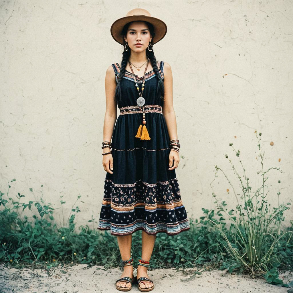 Confident Young Woman in Boho Dress Against Textured Wall Confident Young Woman in Boho Dress Against Textured Wall