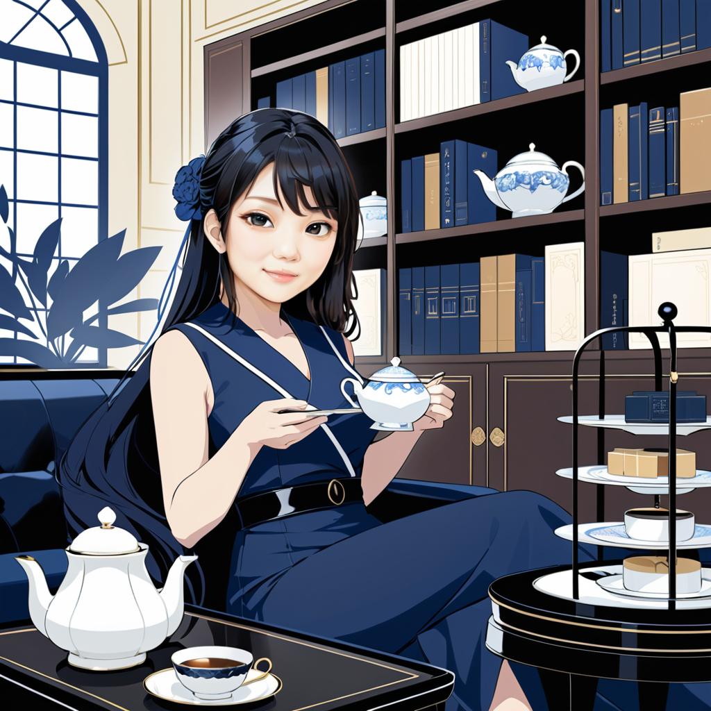 Anime Woman Enjoying Tea in Elegant Room