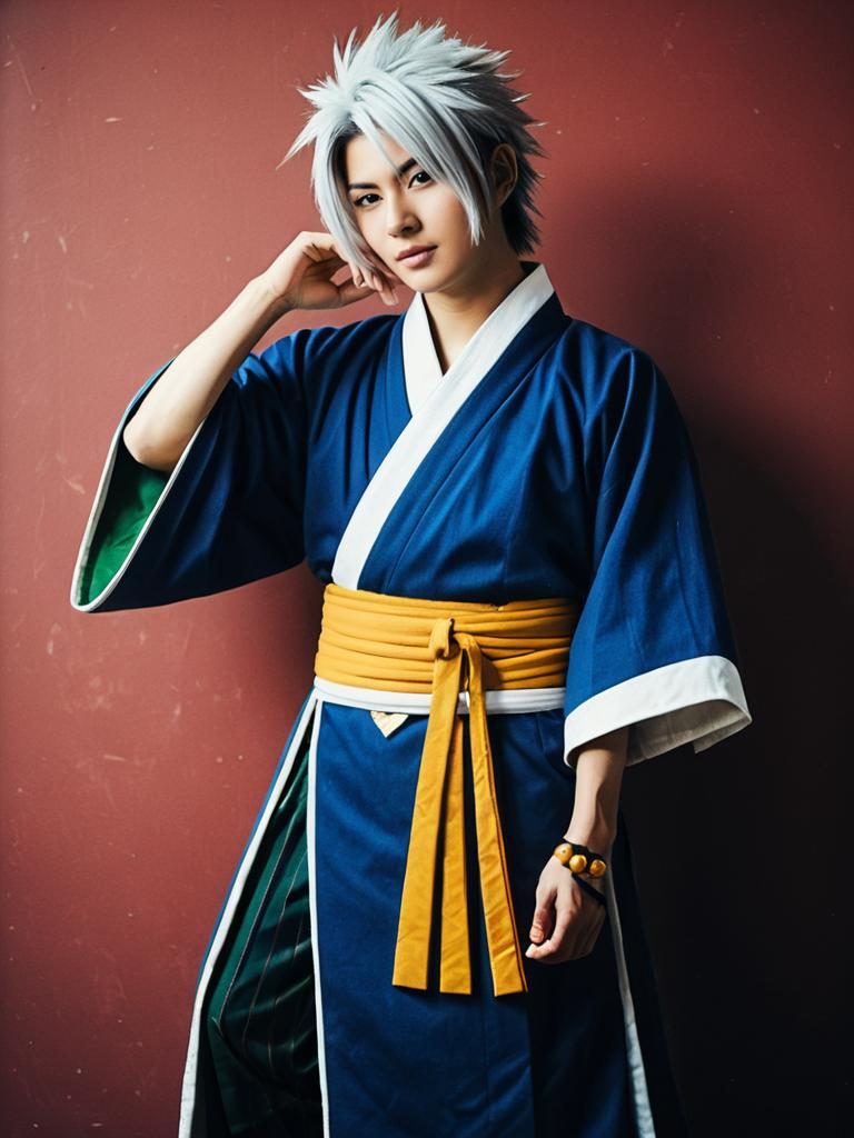 Man in Realistic Mitsunari Koga Cosplay Costume with Silver Wig