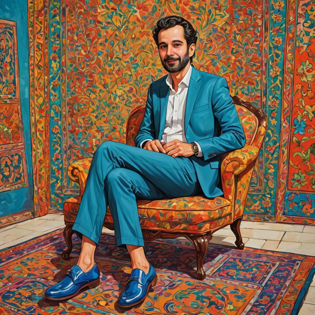 Stylish man in blue suit on vintage chair