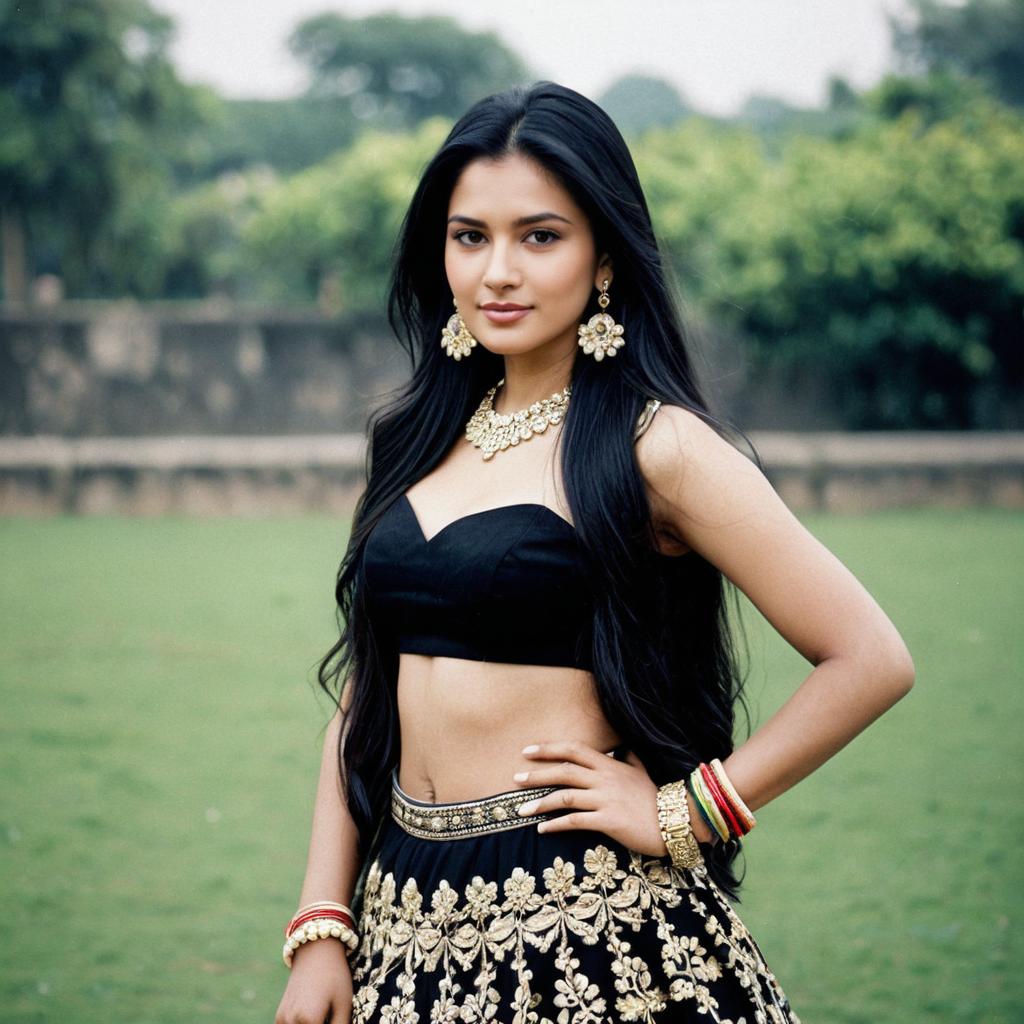 Confident Woman in Black Lehenga with Gold Embroidery Confident Woman in Black Lehenga with Gold Embroidery