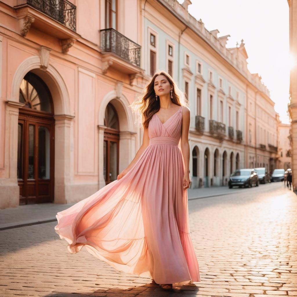 Woman in Flowing Pink Dress Walking on Sunlit Cobblestone Street with Classic Architecture