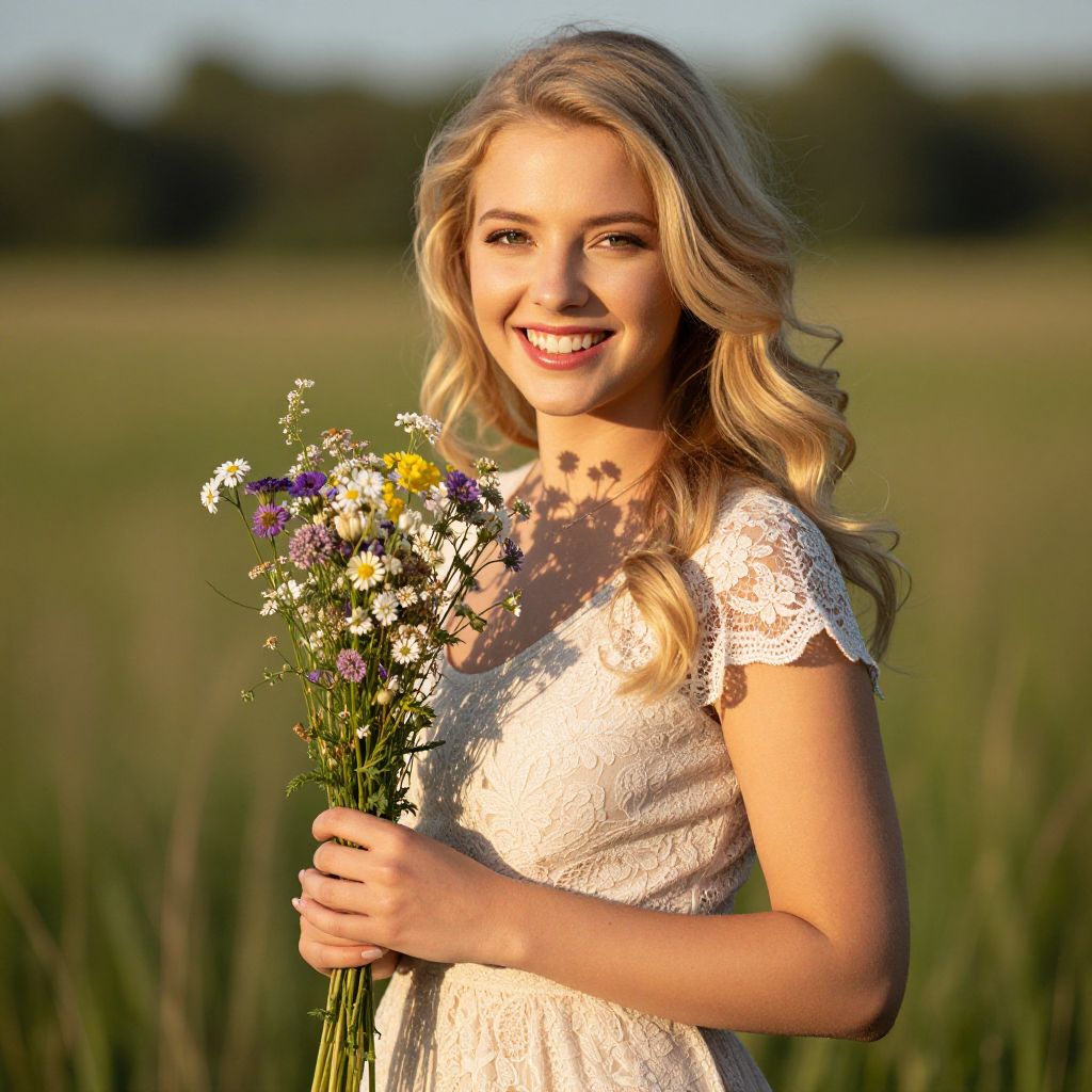 Smiling Woman Holding Wildflowers in Sunlit Field Wearing White Lace Dress