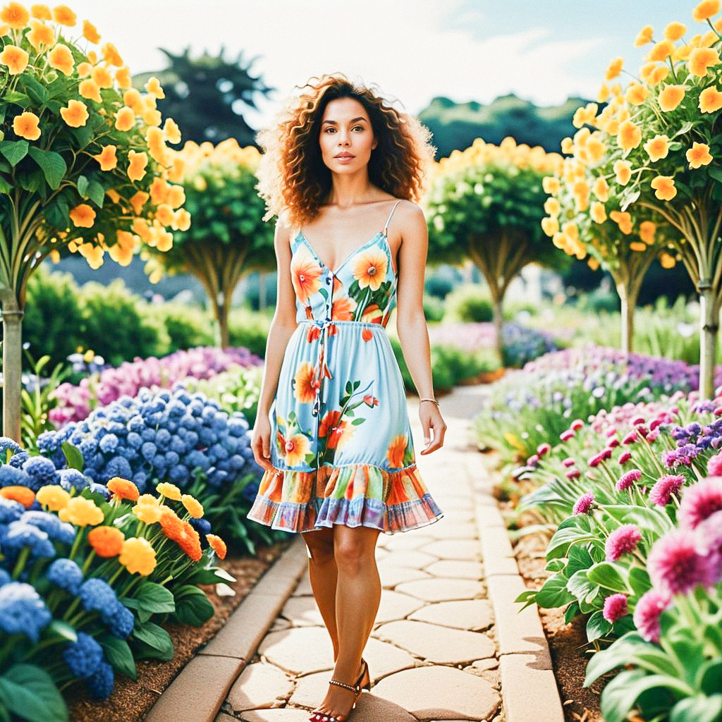 Woman in Floral Dress in Vibrant Garden